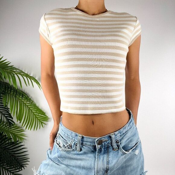 Women's Vintage Y2K The Limited Tan Striped Casual Short Sleeve Crop Top / S - Picture 1 of 5
